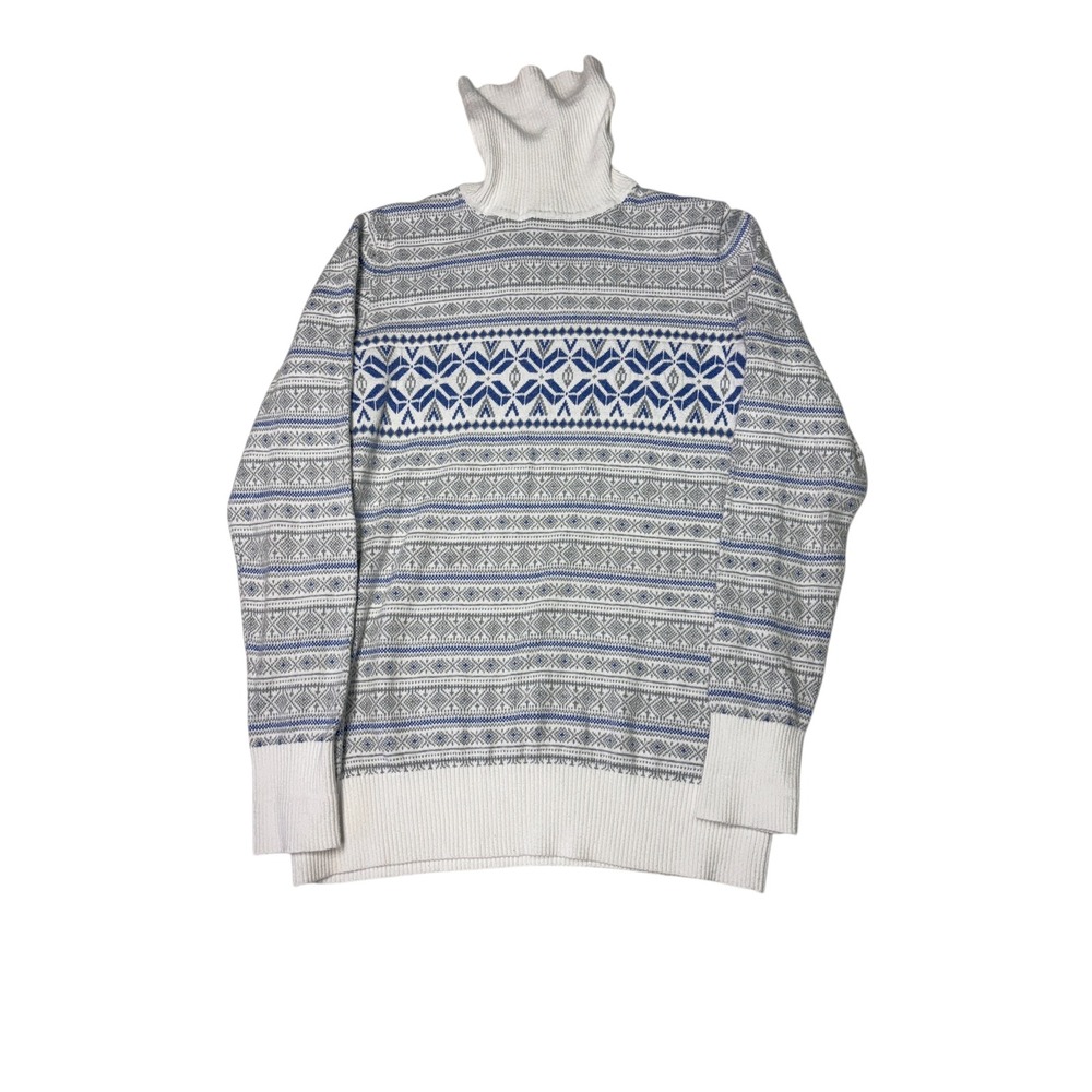 LL Bean Women Gray Blue Fair Isle Snowflake Turtleneck Sweater Size M